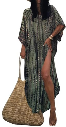 Bsubseach Mujeres Ejército Verde Playa Kaftan Vestidos Media manga Tallas grandes Traje de baño Cubrir Ups Caftan Vestidos