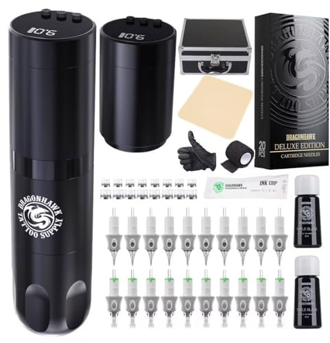 Dragonhawk kit tatuaje rotativa Máquina de tatuar Batería Inalámbrica Tattoo Pen LCD Display de 2pcs 1500mA Batería Rechargeable agujas tatuaje de Artista de tatuajes,principiante