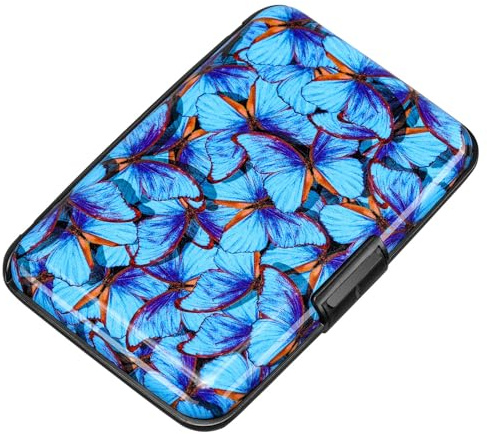ELFISH RFID Blocking Credit Card Protector Aluminum ID Case Hard Shell Business Card Holders Metal Wallet for Men or Women (Blue Butterfly)