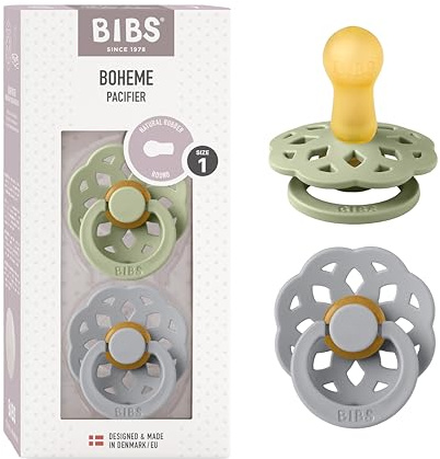 BIBS Boheme Soother 2-Pack. BPA Free. Round Nipple, Natural Rubber Latex, Made in Denmark. Size 1 (0-6 Months), Sage/Cloud