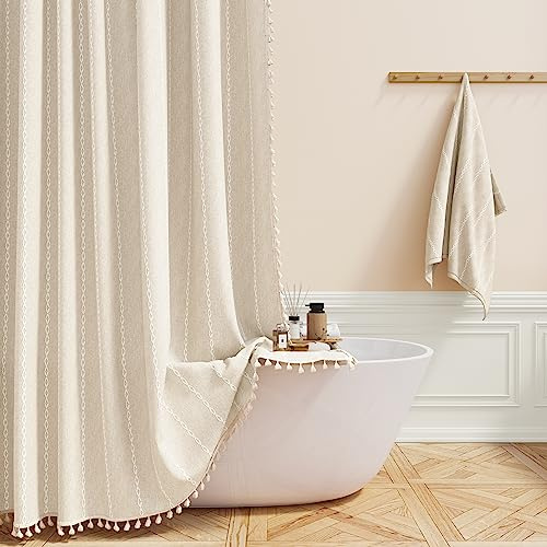 BTTN Boho Farmhouse Shower Curtain, Linen Rustic Weighted Striped Cloth Shower Curtain Set with Tassel, Water Repellent, Bohemian Vintage Country Fabric Shower Curtain for Bathroom, Cream/Beige, 72x72