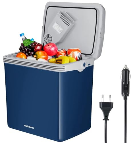 Frigorifero Elettrico Portatile per Auto da 32 Litri, Mini Frigo con Manico Ergonomico, Spina da 230V e 12V, Modalità Freddo e Caldo, Ideale per Camion, Macchina, Barca, Campeggio, Camper (Blue)