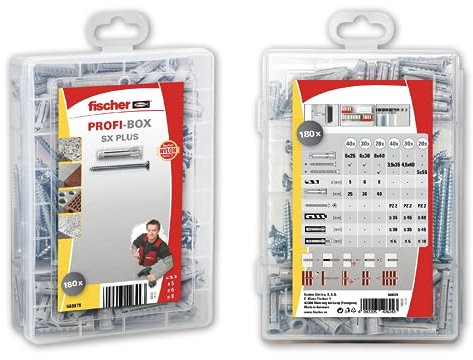 fischer 568679 - Maletín Profibox con tacos pared para diferentes usos, SX Plus 5/6/8 para fijar lámparas, cuadros, aires acondicionados, (180 unidades), Incluye tornillos