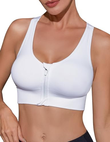 Migcaput Damen Sport BH Reißverschluss Vorne, Sport BH Damen Starker Halt,Sport Bustier Gepolstert Push Up BHS Sports Bra Top für Gym Fitness Yoga Running Sport BH weiß XL