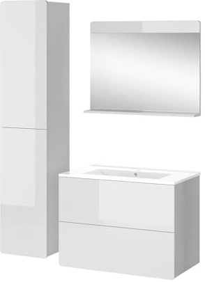 Vicco Set di mobili da bagno Izan, Bianco, 80 cm, composto da mobile sottolavabo con lavabo, armadio medio e specchio da bagno