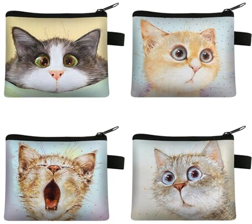 4 Piezas Gato Cartera De Moneda, Monedero Pequeño De Dibujos Animados Lindo, Portátil con Cremallera para Niños, Lápiz Labial, Monedas, Tarjeta De Crédito, Llaves