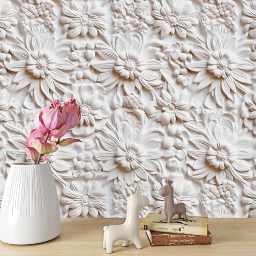 ReWallpaper Carta da Parati Floreale Vintage Beige Pellicole Adesive per Mobili Fantasia Bianca 44.5cmx3m Carta Parati Adesiva Muro Camera da Letto Rotolo Adesivo Decorativo per Muro Bagno