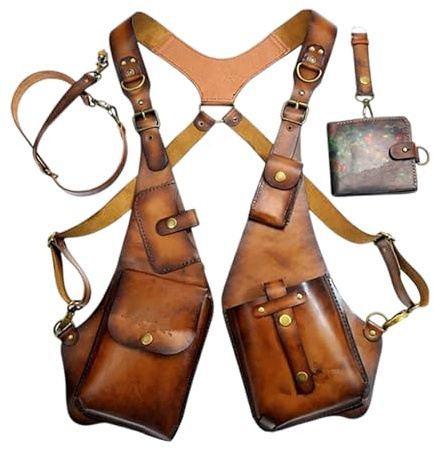 Men Anti Underarm Shoulder Bag Adjustable PU Leather Strap Wallet Bag Outdoor Phone Bag,Retro Suspenders Underarm Satchel Vest (Brown)