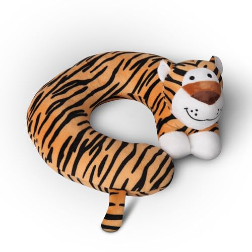Bestlivings Almohada cervical para niños (tigre), diseño de animales, con certificado Öko Tex, lavable, reposacabezas en forma de U, para coche, tren o avión