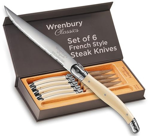 Wrenbury Steak Knives Set of 6 Premium Stainless Steel – Sharp Serrated Steak Knife Set, Perfect French Design Dinner Knives for Dining - Ivory