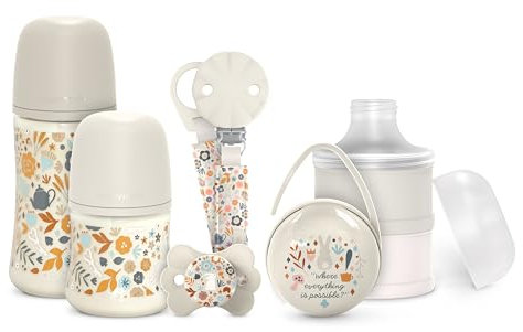 Suavinex, Neugeborenen-Geschenkset, Anti-Kolik-Flaschen-Set mit 150 ml und 270 ml + Schnuller 0/6 Monate mit SX Pro Sauger + Milchdosierer + Schnullerbox + Schnullerband, Wonderland Beige