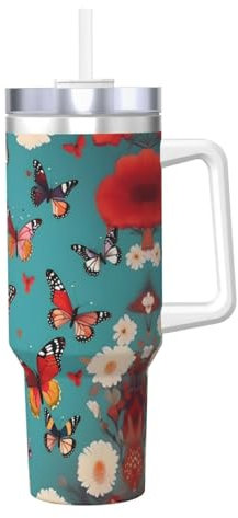 Borraccia termica a doppia parete in acciaio inox con scritta Hen Flying Butterflies Among Flowers, 1184 ml, con manico e coperchio con cannuccia
