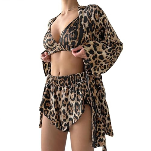 CRETUAO Ensemble de Pyjama léopard pour Femme, Lot de 3 Soutiens-Gorge à Lacets Sexy, Short, vêtements Nuit,Cardigans décontractés d'été, Chemise de Nuit,vêtements de détente