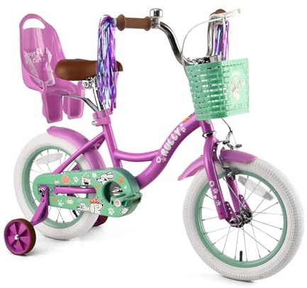 RULLY Vélo Fille 12 Pouces Violet avec roulettes stabilisatrices – Vélo Enfant avec Panier et siège poupée pour 2–4 Ans, vélo d’Apprentissage