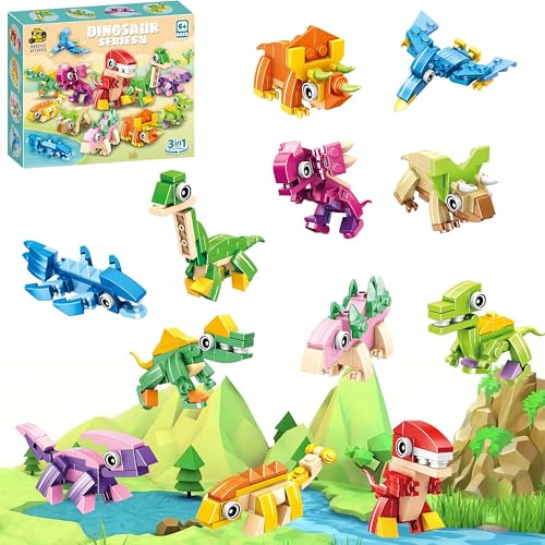 BRUKUSUR 12 Stück Mini Bausteine Tiere Konstruktionsspielzeug, Mitgebsel Kindergeburtstag Gastgeschenke für Kinder, 3 IN 1 Baustein Spielzeug Geburtstag Party Geschenke-Dinosaurier