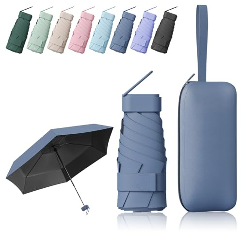 FESDMOH Ombrello Pieghevole, Ombrello pioggia, Ombrello Piccolo da Borsa, Ombrelli da Tasca, Ombrelli Ultraleggero Portatile, UPF>50+, da Sole/Pioggia (Blu nebbia)