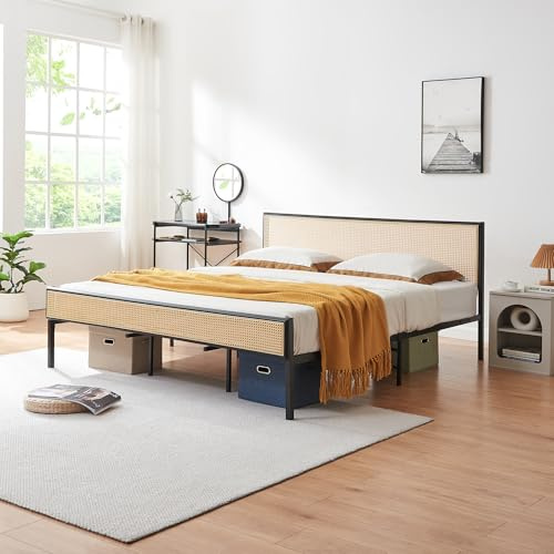 [en.casa] Struttura Letto Matrimoniale King Size 180x200 cm Letto Doppio 2 Piazze in Metallo Nero con Testiera e Pediera Rettangolari in Effetto Rattan Intrecciato