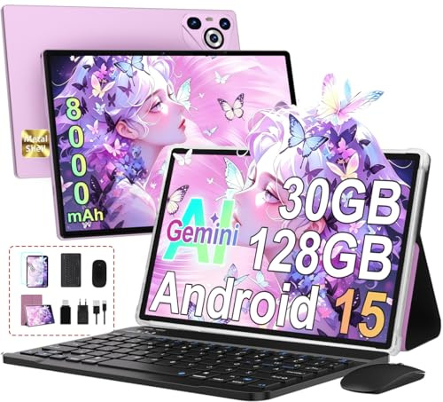 Dghrti Tablette 10 Pouces Android 15 Écran IPS HD [30Go RAM] 128Go + TF 2To - 8000mAh, Octo-Core, Corps intégré en métal, 5MP+8MP, WiFi6, Widevine L1, Face ID - Tablet avec Clavier et Souris - Violet