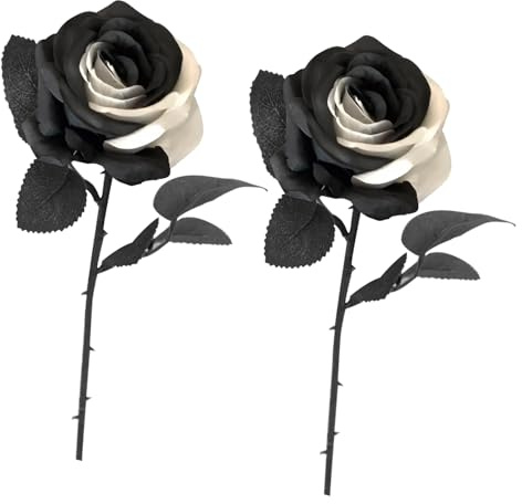 Nievajio 2 rosas artificiales de Halloween, rosas blancas y negras, flores de seda realistas para decoración de Halloween, suministros de fiesta, centro de mesa