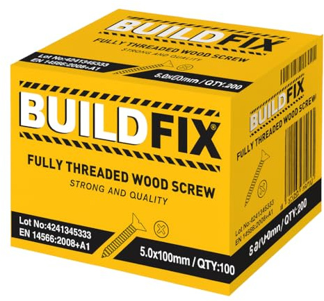 5x100mm Wood Screws Fully Threaded – PZ2 Countersunk Yellow Zinc | Timber Construction Screws | Trade Pack 100, BuildFix