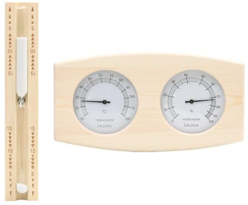 Set 2 in 1 con igrotermometro e clessidra per sauna, in legno di pino massiccio con vetro resistente al calore, clessidra da 15 minuti, accessori per sauna per infusione, aromaterapia, benessere e