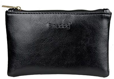 FIREDOG Leather Storage Pouch Zipper Case Handmade Vintage Organizer Carrying Travel Wallet Roll-Up Holder for Coins Cables Small Accessories Black Regular Size