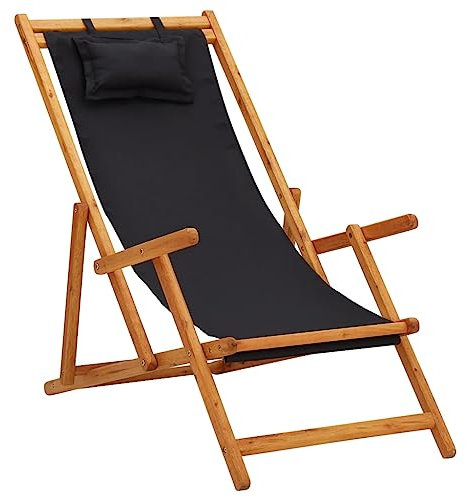 vidaXL Eukalyptusholz Massiv Strandstuhl Klappbar Liegestuhl Klappstuhl Strandliege Gartenliege Sonnenliege Faltliege Campingstuhl Stoff Schwarz