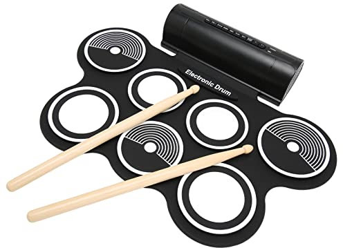 Elektronisches Schlagzeug Set, 7 Pads, 2 Pedale, 12 Songs, 7 Schlagzeuggruppen, 9 Begleitungen, mit Aufnahmefunktion, Zwei Lautsprecher, Tragbares, Aufrollbares Schlagzeug Übungspad(EU)