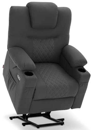 M MCombo Fernsehsessel mit Aufstehhilfe elektrisch, 2 Motoren, Rückenlehne & Beinstütze getrennt verstellbar, eine Taste zum Zurücksetzen, Massagesessel mit Wärmefunktion 7565 (Mikrofaser, Dunkelgrau)