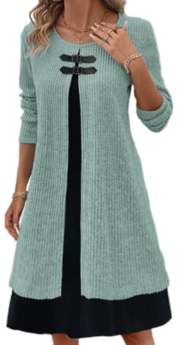 shownicer Robe Pull Femmes Casual Manche Longue Col Round Pull Robe Chic et Elegant Décontracté Ample Knitted Dress Chaud Robe Automne Hiver A Vert XL