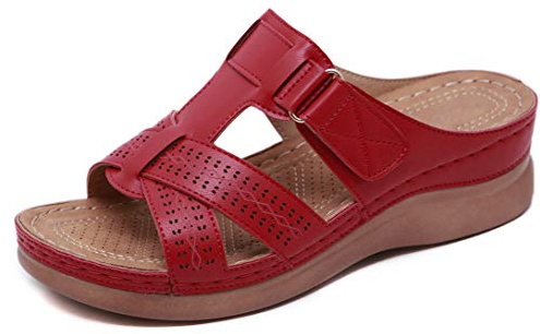 CELANDA Mules en Cuir pour Femme Sandales Mode Bout Ouvert Compensées Plateforme Pantoufles Premium Orthopédiques Sandales Vintage Chaussons de Plage d'été, Rouge,Taille:36 EU