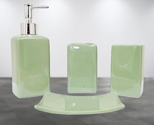 4 Pieces Bathroom Countertop Set Ceramic Accessories Solid Colors Soap Dispenser Soap Dish Toothbrush Holder Toothpaste Holder (Sage Green)