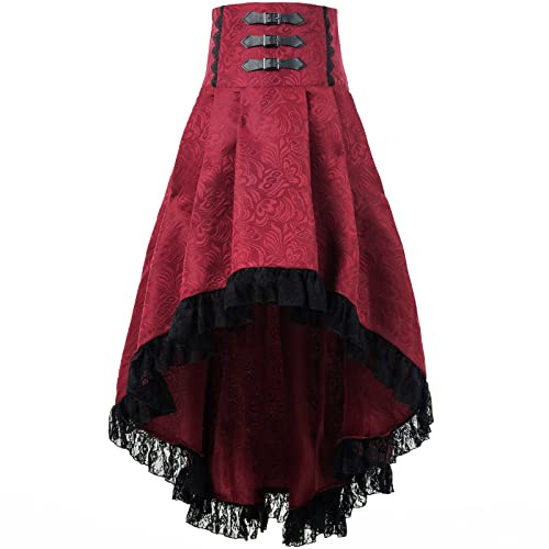 Fiamll Jupe gothique steampunk pour femme - Jupe pirate victorienne avec taille haute et volants, rouge, S