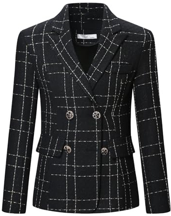 YYNUDA Womens Blazers Plaid Tweed Suit Jacket Double Breasted Blazer Ladies Office Work Coats Black L