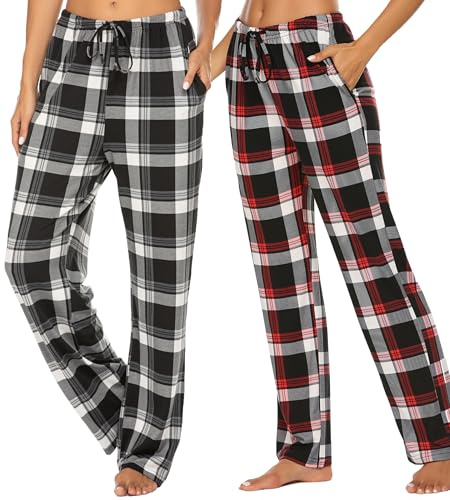 Ekouaer 2 Pack Women's Pyjama Bottoms Casual Womens Pants Soft Lounge Pants Checked Sleep Pajama Bottoms with Pocket
