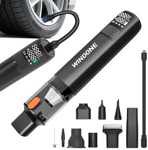 Windone Car Vacuum, 12000Pa 2-in-1 Cleaner & Tire Inflator 150PSI, 60W Brushless Motor, Cordless Handheld Vacuum & Air Pump with Pressure Gauge, LED Light, Multi-Nozzles for Car, Home, Office
