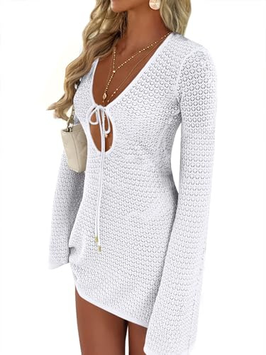 ANRABESS Women’s Crochet Swimsuit Cover Up, V Neck Mesh Knit Beach Dress, Long Sleeve Summer Vacation Beachwear White Small