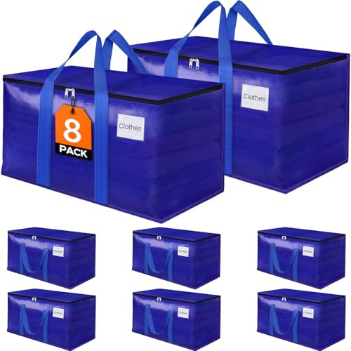 FabSpace 8 Pack Moving Storage Bags Heavy-Duty with Zippers and Reinforced Handles, Moving Supplies Packing Boxes for Moving, Storing, Saving Space, Blue Plastic Storage Totes 93 L(24 Gallon)