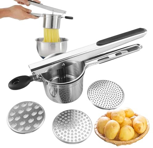 Prensa de patatas de 15 oz, robusto prensador de patatas de acero inoxidable con 3 discos intercambiables, triturador grande, herramienta de cocina para puré de patatas, vaso interior y asas de