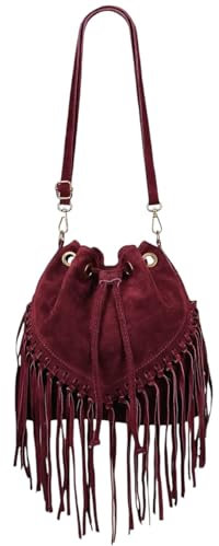 Modarno Eimertasche aus Wildleder mit Fransen 26 x 13 x 26 cm, bordeaux