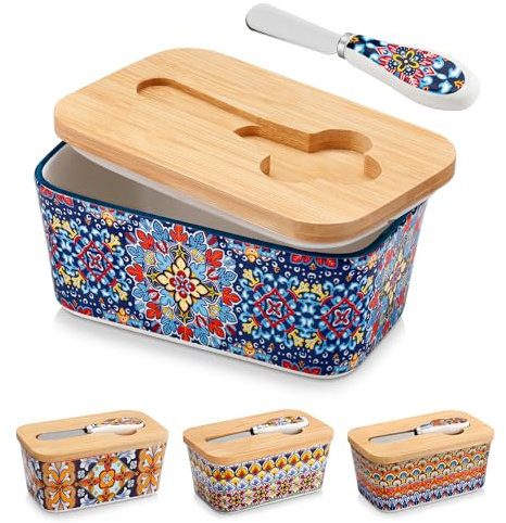 vancasso SIMI Butter Dish with Lid, 480ml Large Butter Dish for Countertop, Bohemian Porcelain Butter Keeper with Knife and Bamboo Lid, Sealant Butter Container Fits Most Butter Sizes, Twilight Bloom