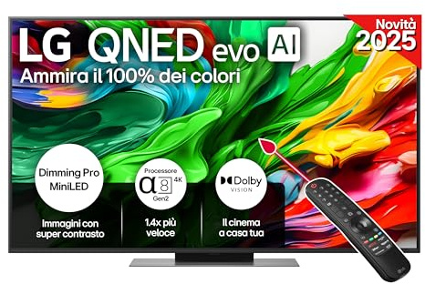 LG QNED evo AI QNED86 TV 55 pollici, Smart TV 4K, Processore α8 Gen2, Dimming Pro con MiniLED, webOS e telecomando puntatore con AI, Dolby Vision, Gaming con VRR e FreeSync 4K@120Hz, 55QNED86A6A 2025