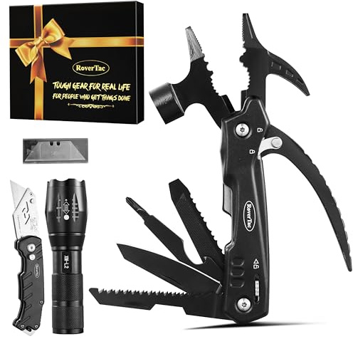 RoverTac 12-in-1 Multi Tool Hammer, torcia LED, coltello multiuso in confezione regalo premium, attrezzatura essenziale per il campeggio e la sopravvivenza, regalo per uomini, papà, lui