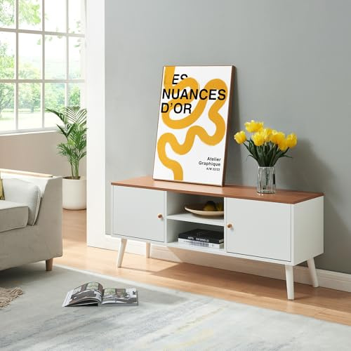 [en.casa] TV Schrank Reyljand Lowboard mit 2 Türen Fernsehschrank 2 offene Fächer 120 x 35 x 50 cm Sideboard Fernsehtisch Holzbeine Weiß/Teakoptik