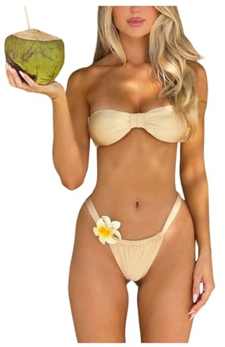 SHENHE Women's Bandeau Bikini Set High Cut Ruched Brazilian Thong Strapless 2 Piece Swimsuits Apricot Medium