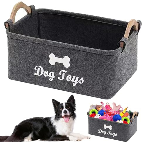 Vauki Förvaringsbox för hundleksaker, 38 x 25 x 18 cm, vikbar leksakslåda, filt med trähandtag, förvaringskorg för förvaring av husdjursartiklar och leksaker (mörkgrå)