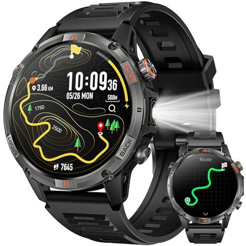 GPS Smartwatch Uomo Orologio con Chiamate: 1,46 Grande Schermo Tondo Militare Smart Watch Fitness Sport Bussola Torcia Cardiofrequenzimetro Pressione Sonno Impermeabile Salute Orologi per Android iOS
