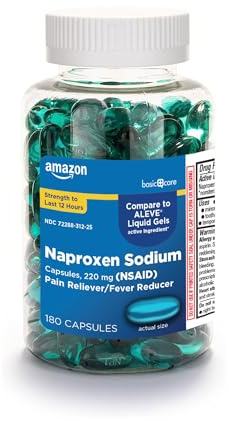 Amazon Basic Care Naproxen Sodium 220 mg Liquid Gels, Pain Reliever/Fever Reducer (NSAID), Headache, Backache, Menstrual Pain, Arthritis Pain, 12-Hour Relief, 180 Count (previously A+ health)