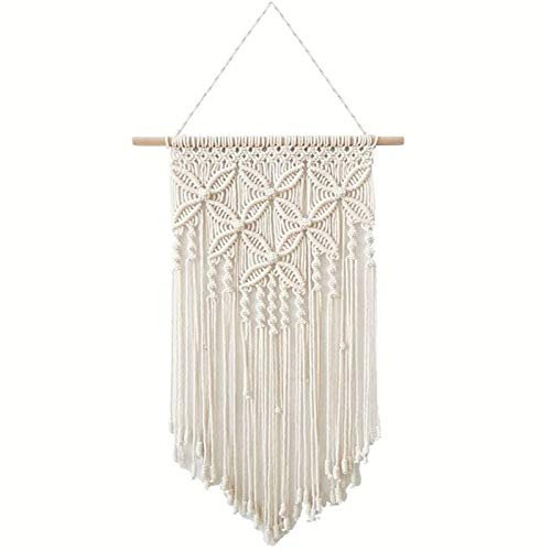 Sixyotie Macrame Wall Hanging Art Cotton Woven Tapestry Boho Chic Home Bedroom Decor Apartment Dorm Living Room Decoration (White-blong)