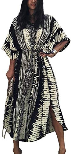 YOUKD été Coton Floral Long Caftan bohème Loungewear Plage Maillot de Bain Couvrir Maxi Robe pour Les Femmes